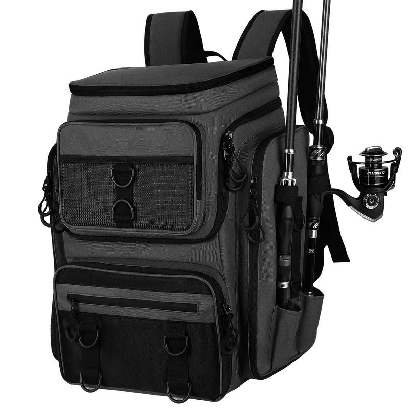Fishing Backpack with Rod Holder, Tackle Organizer Box & Hiking Storage